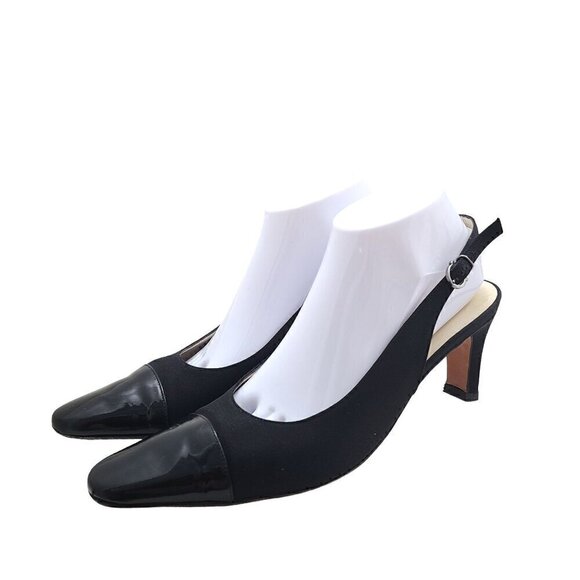 Salvatore Ferragamo VTG Black Almond Patent Cap Toe Sling Back Low Heeled Pumps - Picture 1 of 12